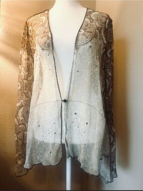 Rozae Nichols 100% Silk Sheer Rhinestone Crinkle Cardigan Jacket M